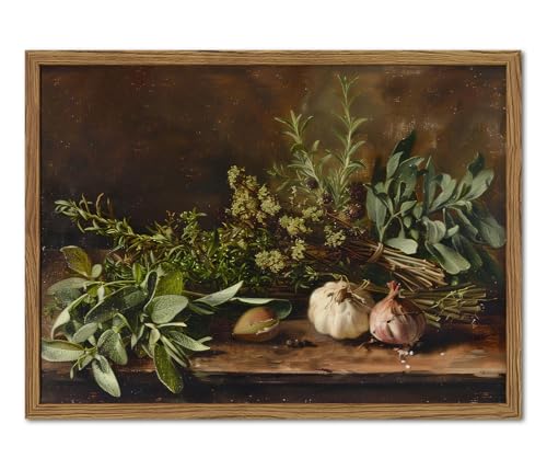 Framed Vintage Kitchen Wall Art, Rustic Garlic and Herbs Pictures Wall Decor Paintings, Farmhouse Cottagecore Canvas Prints Artwork for Home Dining Room Living Room 16x24 inch - color: Garlic and Herbs, size: 24"L x 16"W