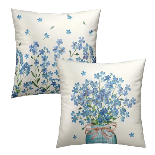 Spring Floral Pillow Covers 16x16 Inch Set of 2, Blue Flower Mason Jar Throw Pillow Covers Square Cotton Cushion Cover for Home Couch Sofa Patio Bedroom Livingroom - color: Blue Flower231219, size: 16" x 16" (Pack of 2)
