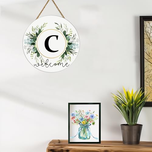 Monogram Letter C Wreaths for Front Door Wreath Wooden Welcome Sign for Front Door Decor Floral Family Last Name Initial House Warming Spring Summer Porch Rustic Wall Home Kitchen Boho Decorations - color: Letter C