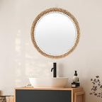 22 Inch Boho Style Decorative Mirror, Round Rattan Wall Hanging Mirror, Nature Rattan Woven Round Mirror, Makeup, Dressing Mirror, Suitable for Dressing Room, Living Room, Bedroom, Farmhouse
