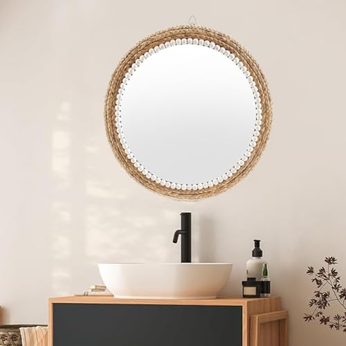 22 Inch Boho Style Decorative Mirror, Round Rattan Wall Hanging Mirror, Nature Rattan Woven Round Mirror, Makeup, Dressing Mirror, Suitable for Dressing Room, Living Room, Bedroom, Farmhouse