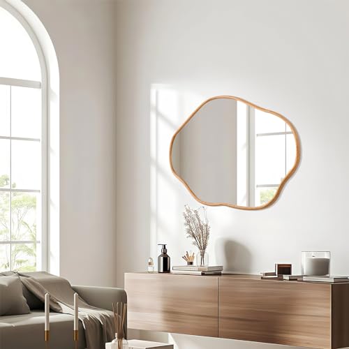 ULIKE Irregular Wall Mirror, 24x36 Inch Asymmetrical Wall Mirror with Solid Wood Frame, Mid-Century Modern Decor with Natural Wood, Vanity Mirrors for Bathroom Bedroom Living Room Entryway - color: A Wood-irregular