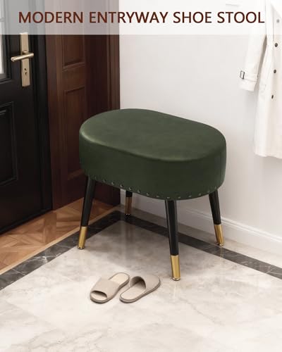 LITZFUR Vanity Stool Chair for Makeup, Pu Leather Oval Footrest, Vintage Rivet Ottoman Bench with Metal Legs, Dressing Stool for Batheroom, Living Room, Entryway, Green - color: Green