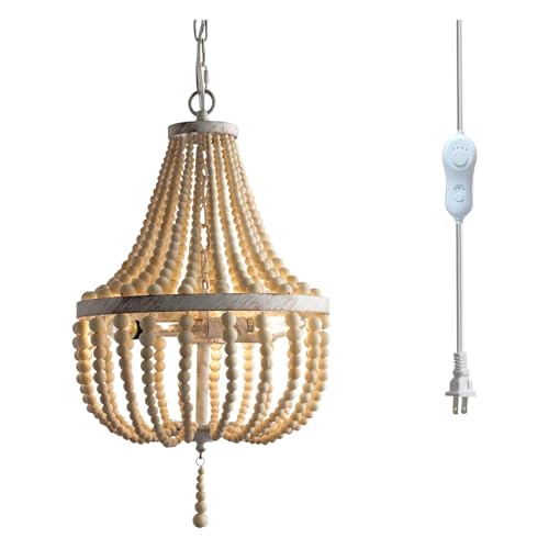 3-Light Mini Wood Beaded Bohemian Plug in Chandelier Dimmable and Timer Pendant Light Fixture with 16.4ft Swag Cord,Antique Metal Finish Natural Color Beads,Dining Room,Living Room,Foyer,Bedroom… - color: White distressed, size: Plug in-3 Light