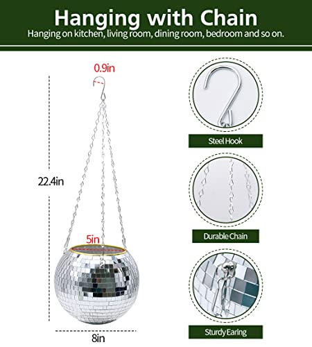 Disco Ball Planter, 8" Silver Disco Ball Planter, Disco Ball Plant Hanger with Hanging Rope, Hanging Chain, Hook, Circle and Extra Mirror Pieces - color: 1×8" Silver
