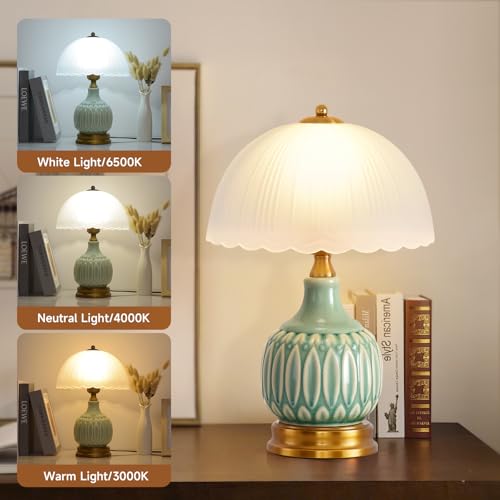 Table Lamps Ceramic Retro Lamp for Living Room,15.7" Modern Bedside Nightstand Traditional Lamps, Classic Chinoiserie Green Glass Lamp for Home (Retro) - style: Retro