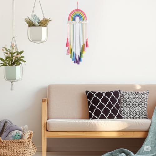 Rainbow Macrame Wall Hanging - Hand-Woven Cotton Tassel Tapestry Decor for Baby Room, Nursery, and Home Decor (Pink Rainbow) - color: Pink Rainbow