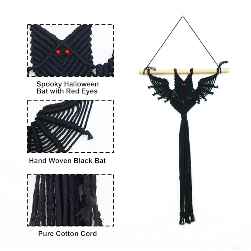 HVEST 2PCS Black Halloween Bat Macrame Wall Hanging Boho Decor Scary Black Bat, Gothic Handmade Woven Tapestry for Bedroom Spooky Halloween Decorations Macrame Wall Art for Living Room - color: Black Red