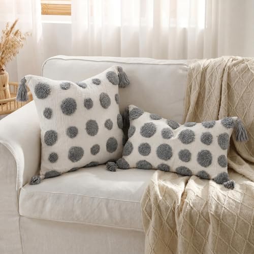 PANOD Super Soft Farmhouse Decorative Plush Throw Pillow Covers 12 x 20 Grey,Solid Pom pom Tufted with Tassels Modern Accent Boho Lumbar Cushion Cover Pillow Case for Couch Sofa - color: Light Grey, size: 20" x 12" (Pack of 1)