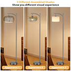 Ambimall Arc Floor Lamp for Living Room with Remote, Color Temperature & Brightness Adjustable, Bohemia Standing Lamp with Rattan & Fabric Double Drum Shades, Bulb Included(Deep Gray) - color: Deep Gray Bohemian