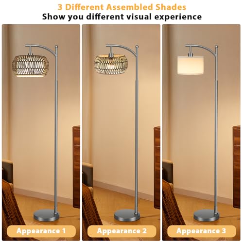 Ambimall Arc Floor Lamp for Living Room with Remote, Color Temperature & Brightness Adjustable, Bohemia Standing Lamp with Rattan & Fabric Double Drum Shades, Bulb Included(Deep Gray) - color: Deep Gray Bohemian