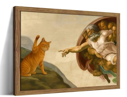 Framed Vintage Cat Canvas Wall Art, Funny Orange Cat Parody Classic Masterpiece Prints, Renaissance-Inspired Animal Artwork, Humorous Wall Decor for Living Room Bedroom Playroom – 12x16 inch - color: Funny Orange Cat, size: 16"L x 12"W