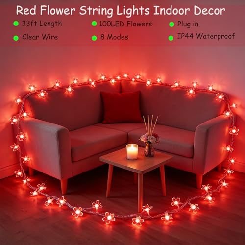 100 LED Red Cherry Blossom Flowrer String Lights, 33 FT Plug in Fairy Floral Lamp with 8 Modes, Flexible Clear Wire for Bedroom Balcony Patio, Valentine's Day Christmas Indoor Outdoor Decorations - color: Red