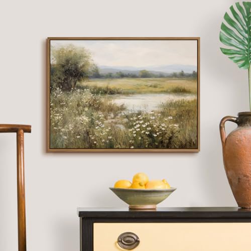 Vintage Landscape Wall Art Spring Wildflower Field Pictures Wall Decor Rustic River Pond Painting Prints Nature Wilderness Scenery Poster Framed for Bedroom Bathroom Home Kitchen Decoration 12x16 Inch - color: Rustic Pond River, size: 16"L x 12"W