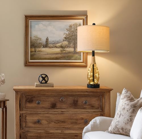 OYEARS 23" Table Lamps for Living Room Set of 2 Bedside Lamps for Night Stands Bedroom Lamps Farmhouse Rattan Boho Lamp Glass Nightlight End Table Lamp,Two Light Points - color: Tea Brown