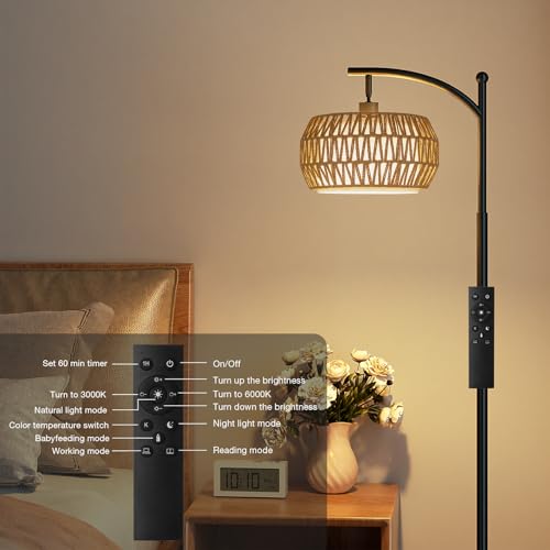 Ambimall Arc Floor Lamp for Living Room with Remote, Color Temperature & Brightness Adjustable, Bohemia Standing Lamp with Rattan & Fabric Double Drum Shades, Bulb Included(Black) - color: Black Bohemian