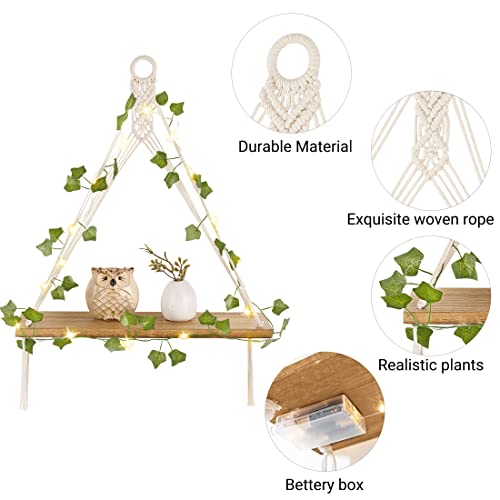 Mkono Artificial Ivy Macrame Hanging Shelves with Lights Set of 2 Boho Wall Decor Display Plants Photos Wood Floating Storage Shelf for Bedroom Bathroom Living Room Nursery Dorm Kitchen, White
