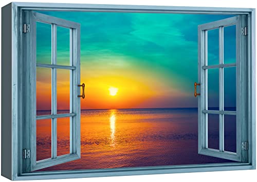 wall26 Canvas Print Wall Art Window View Teal Orange Sunset Over Tropical Ocean Wilderness Nature Photography Realism Scenic Landscape Colorful Multicolor for Living Room, Bedroom, Office - 12"x18" - color: A40-2204-irs17, size: 18"L x 12"W
