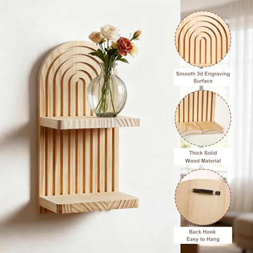 Artilady 2 Pack Floating Shelves for Wall Decor Boho Wood Hanging Shelf Plant Holder 2-Tier Trinket Storage Rack Rainbow Arch Home Decor for Bedroom Living Room Office Apartment - color: 2 Burlywood