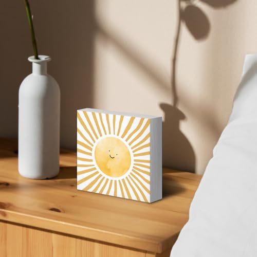 Inspirational Sun Sunshine Wood Box Sign Desk Decor 5X5, Pop Smiles Rustic Farmhouse Wooden Block Sign Decorations for Home Office Girls Dorm Room Nursery Playroom Wall Tabletop Shelf Decor - color: Colour 01, size: 5X5