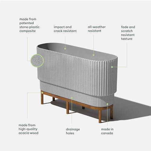 Veradek Demi Series Raised Long Planter for Indoor/Outdoor Use | Made from Plastic & Stone w/Wooden Stand | Modern Patio Décor for Flowers/Shrubs - color: Grey/Brown, size: 30 inch