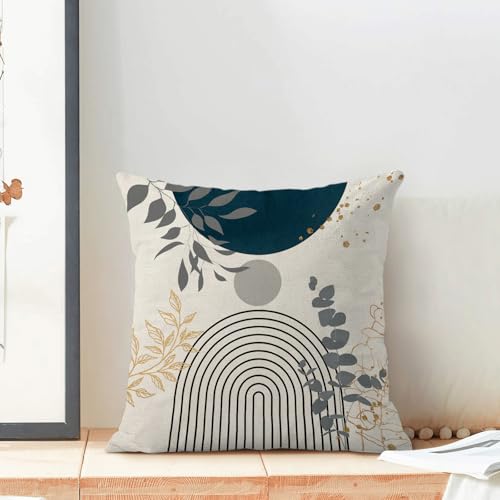 Boho Pillow Covers 18x18 Set of Mid Century Navy Blue Gray Gold Throw Pillow Covers Outdoor Decoration, Abstract Modern Bohemian Leaf Farmhouse Linen Decorative Cushion Cover for Sofa Couch - color: Navy Blue -Mid Century Leaf 2, size: 18" x 18" (Pack of