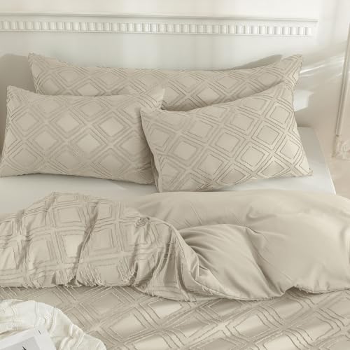 JELLYMONI Pillowcases King Size Light Sand 2 Pack Boho Plaid Bed Pillow Covers 20x36in Polyester Envelope Pillow Shams Tufted Bohemian Textured (Pillows are not Included) - color: 01 - Light Sand - Grid, size: 36" x 20" (Pack of 2)