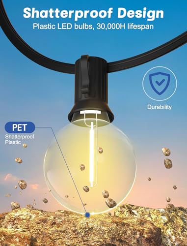 SUNSGNE Outdoor String Lights, 50FT Outdoor Globe Light with 52 G40 Shatterproof LED Bulbs(2 Spare), String Lights for Outside Patio Porch Garden Backyard Balcony Deck Decor, E12 Sockets - color: Warm White-Black, size: 50FT
