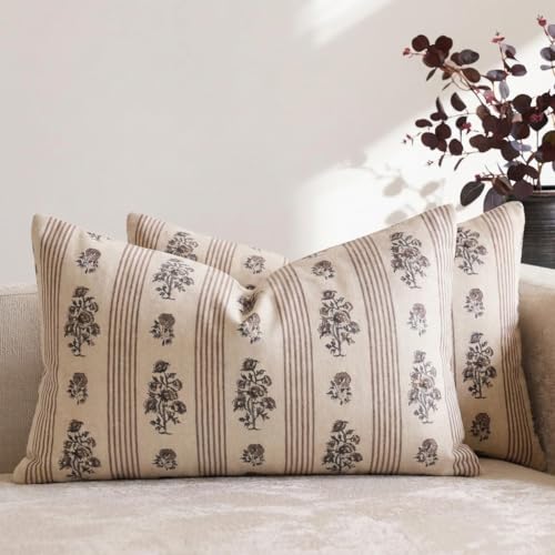 Amor Virisso Floral Throw Pillow Covers 12 x 20 Set of 2 Block Print Pillow Covers Neutral Floral Striped Farmhouse Decorative Pillow Covers for Sofa Couch Bed, Brown - color: Brown, size: 20" x 12" (Pack of 2)