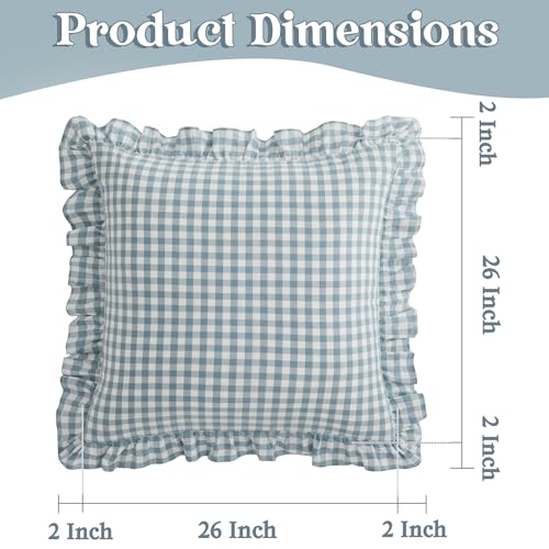 KKJIAF Ruffle Gingham Pillow Covers 26 x 26 Inches, Cotton Plaid Throw Pillow Shams Set of 2, Linen Feel Ruffled Plaid Pillow Cases with Envelope Closure for Sofa Bed (Dusty Blue Plaid) - color: Dusty Blue Plaid, size: 26" x 26" (Pack of 2)