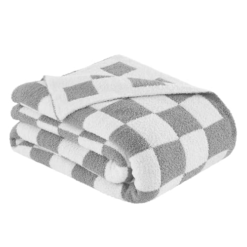 Checkered Throw Blanket, Light Grey Soft Cozy Fluffy Knitted Throw Blankets for Couch, Sofa, Bed, Chair, Warm Fuzzy Travel Picnic Lightweight Plaid Blanket, 60x80 inches - color: Light Grey, size: 60×80 Inch