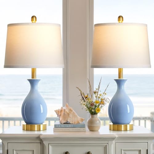 24″ Light Blue Ceramic Table Lamps Set of 2, Modern Classic Bedside Lamps for Bedroom Nightstand, Small Table Lamp for Living Room Side Table (2 LED Bulbs Included) - color: Light Blue - 24"H
