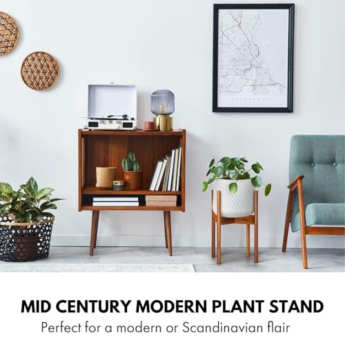Fox & Fern Mid Century Plant Stand — 10 Inch Fixed Size Wooden Plant Stand for Indoor Planters (Not Included) - Raised Flower Pot Holder for Indoors - Plug In Design - Two Height Options - Acacia - color: Acacia, size: 10 Inch - Fixed
