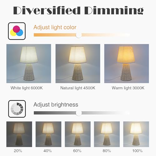 Vintage Small Wicker Lamp, Rattan Body Fabric Lampshade, Adjustable Light Color and Brightness, Power-Off Memory, Safe USB Powered, Boho Style Night Light for Bedroom Living Room (Cone-FlaxYellow) - color: Cone-FlaxYellow