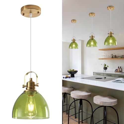 Glass Pendant Lights Kitchen Island, 7.5 inch Green Glass Pendant Lights, Vintage Pendant Lighting 1-Pack,Farmhouse Kitchen Island Lights for Kitchen, Bedroom, Living Room, Bathroom - color: Clear Glass-Green+Cord, size: 1-Pack