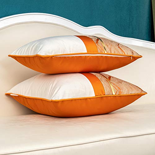 Alerfa 12 x 20 Inch Orange White Geometric Striped Gold Leather Patchwork Velvet Cushion Case Luxury Modern Lumbar Throw Pillow Cover Decorative Pillow for Couch Sofa Living Room Bedroom Car - color: Orange, size: 20" x 12" (Pack of 1)