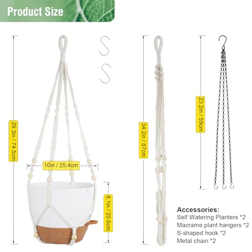 Meowell 10 inch Self Watering Hanging Planters, 2 Pack Hanging Baskets for Indoor Outdoor Plants, Hanging Flower Pots with Drainage Holes & 2 Kinds of Plant Hangers for Garden Home Décor, White Brown - color: White With Brown