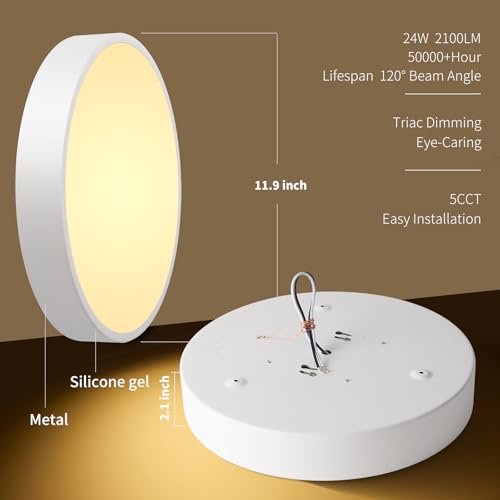 Dimmable Ceiling Light Fixture, 12 inch Flush Mount Light Fixture, LED Ceiling Lights Bedroom, Kitchen, Entryway, Super Bright 2700 Lumens 300W Equivalent 5CCT(2700k-5000k) 2 Pack White - color: White-2Pack