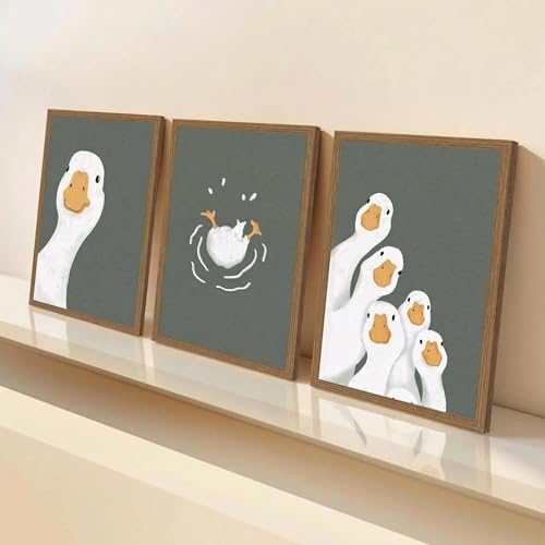 3pcs Framed Funny Goose Wall Art, Dark Green Animal Poster Adorable Goose Family Canvas - Ready To Hang - Modern Minimalist Picture For Living Room, Nursery, Bedroom Decor 16x24in - color: Funny Silly Goose, size: 16x24in