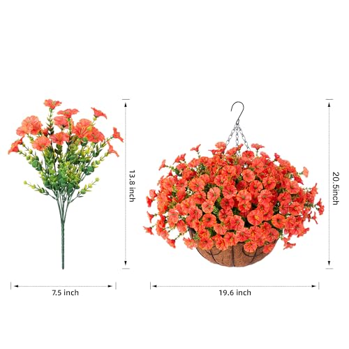 Artificial Fall Flowers Fake Hanging Plants Flowers Basket for Outdoors Autumn Decoration, Orange Silk Morning Glory with Eucalyptus Look Real UV Resistant Faux Flowers for Outside Porch Patio Balcony - color: Orange
