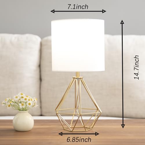 Gold Modern Small Table Lamp for Bedroom & Living Room - Geometric Metal Base, White Fabric Shade, Ideal for Bedside & Kids' Desk, Nightstand Lamp - color: Brass Gold