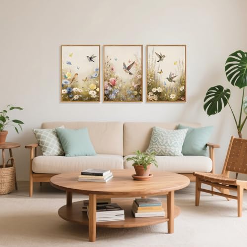 CHDITB Floral Bird Framed Canvas Wall Art Set Of 3, Vintage Garden Wall Decor, Nature Wildflower And Bird Wall Painting, Botanical Flower Art Prints For Dining Room Bedroom Decor (12X16 Inch) - color: Floral bird