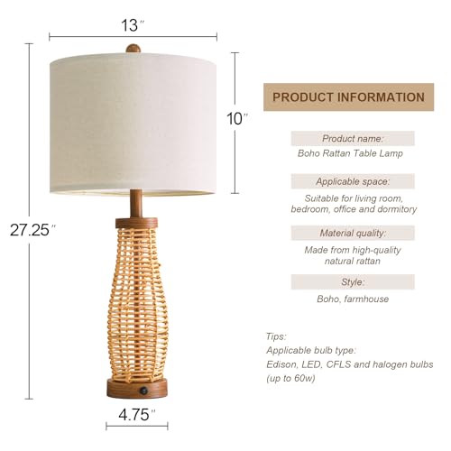 OYEARS 28" Table Lamps Set of 2 with Dual Night Lights, Bedside Lamps for Bedroom, Boho Lamp for Living Room, Rattan Table Lamp with Linen Shade, Farmhouse Lamp with Wood Grain Finish (Bulb Included) - color: Antique Brown