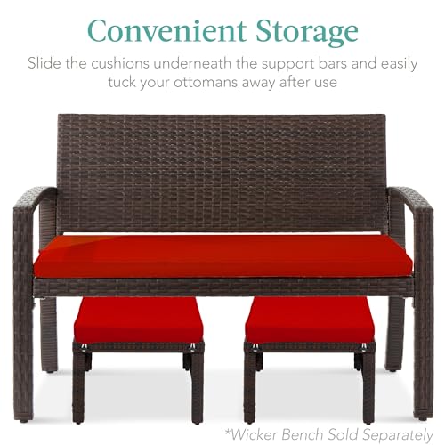 Best Choice Products Set of 2 Wicker Ottomans, Multipurpose Outdoor Furniture for Patio, Backyard, Additional Seating, Footrest, Side Table w/Removable Cushions, Steel Frame - Brown/Red - color: Brown/Red