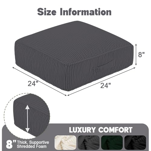 Meditation Floor Pillow for Adults, 8" Extra Thick Floor Cushion for Sitting with Washable Cover, Large Corduroy Meditation Pillow, 24 inches Tatami Seat with Handle for Yoga Pillow, Black - color: Dark Grey, size: 24x24x8 inch