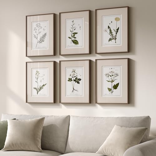 Framed Vintage Botanical Wall Art, 6 Piece Rustic Floral Canvas Painting Prints Artwork for Kitchen Walls, Neutral Flower Pictures for Living Room Bedroom Dining Room Farmhouse Wall Decor, 11x14 - color: Herbarium - Walnut Framed, size: 11" W x 14" H x 6P