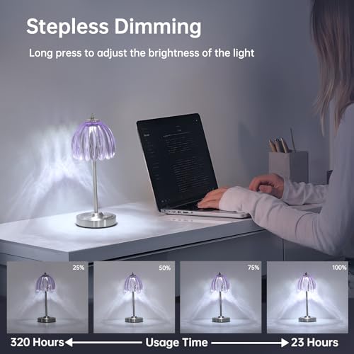 Shenmoyl Tulip Table Lamp with 5200mAh Battery & Touch Control, Cordless Small Table Lamp with 3 Colors, Dimmable Rechargeable Table Lamps for Living Room, Bedroom, Desk, Bedside (Clear Purple Tulip) - color: Clear Purple, size: 1 Pack