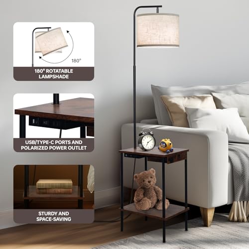 EOEYYOYB Floor Lamp with Table & Drawers, End Table Lamp with USB Charging Portt Power Outlet and Shelves, Side Table Reading Light with 3 Color Temperature Led Bulb Included for Living Room, Yellow - color: Vintage yellow (with Drawer)