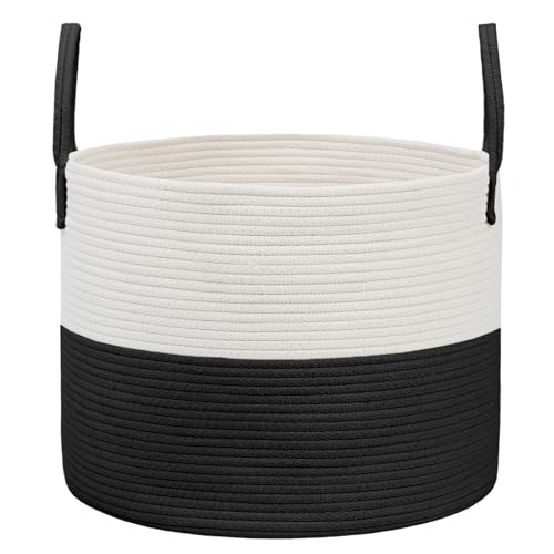 JMvicyroam 115L Extra Large Blanket Basket for Living Room - Woven Cotton Rope Laundry Hamper with Reinforced Handles - Storage Bin for Pillows, Comforters & Toys - Machine Washable,White&Black - color: White&Black, size: 115L