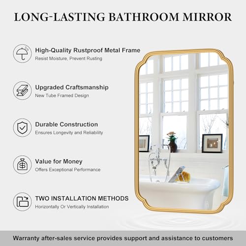 Ferytange Gold Bathroom Vanity Mirror for Wall 24" x 36" Modern Rounded Rectangle Mirror with Metal Framed Mirrors for Over Sink Wall Decorative (Horizontal/Vertical) - color: Gold, size: 36"L x 24"W